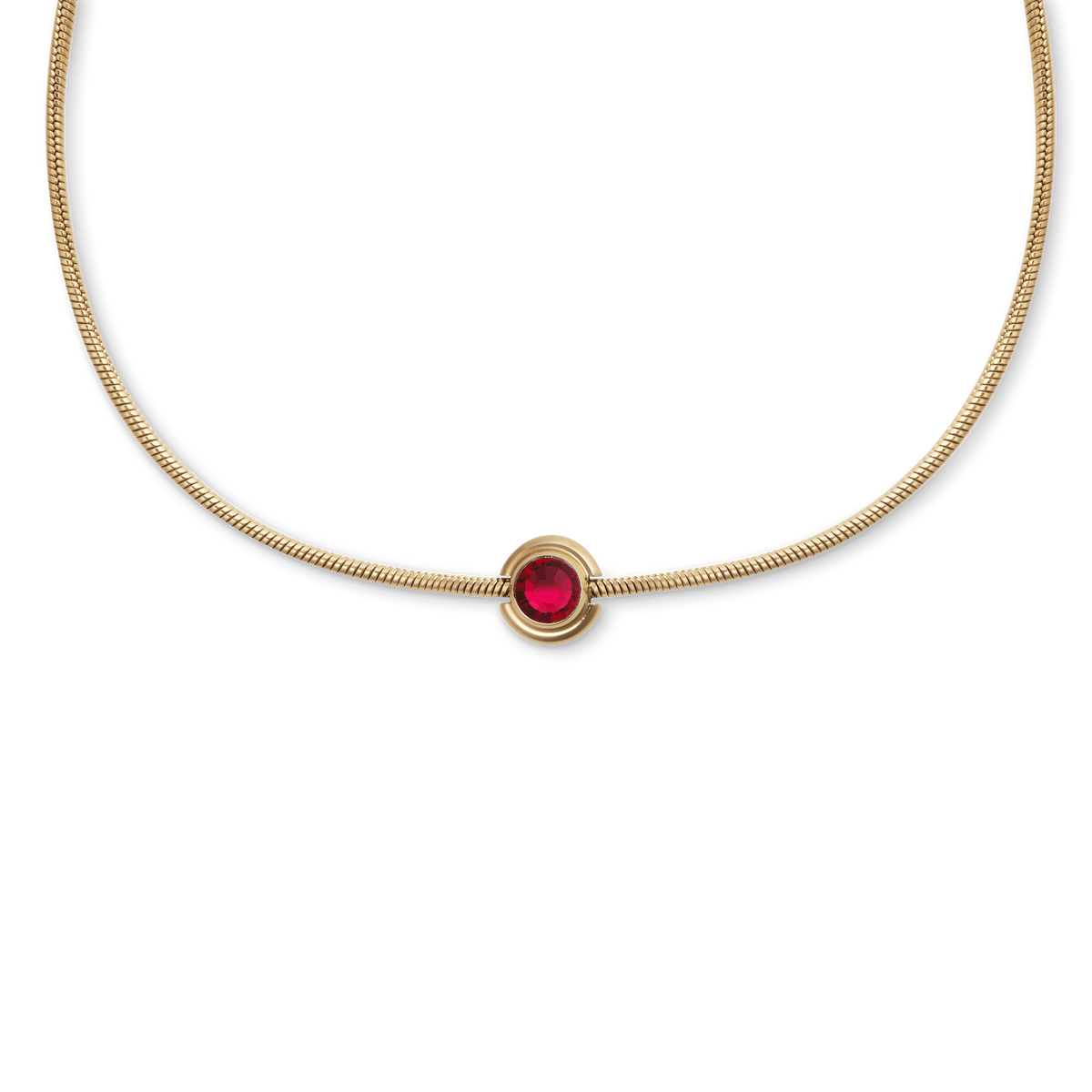 Gold snake chain necklace featuring the July Charm Gold with a vivid red crystal centre in a polished gold-plated setting.