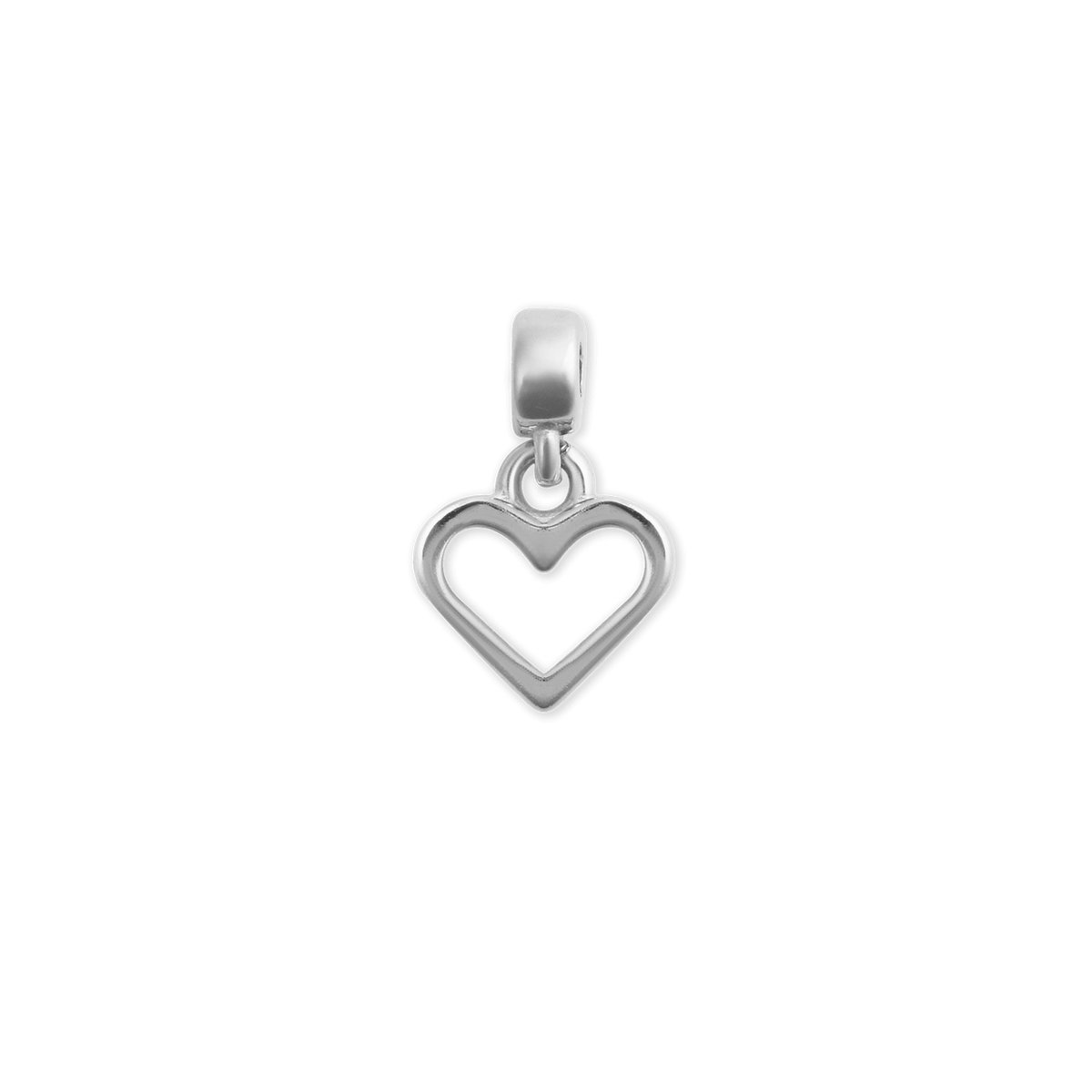Sterling silver open heart charm pendant with a polished finish and minimalist design, featuring an adjustable clasp for bracelets or necklaces.