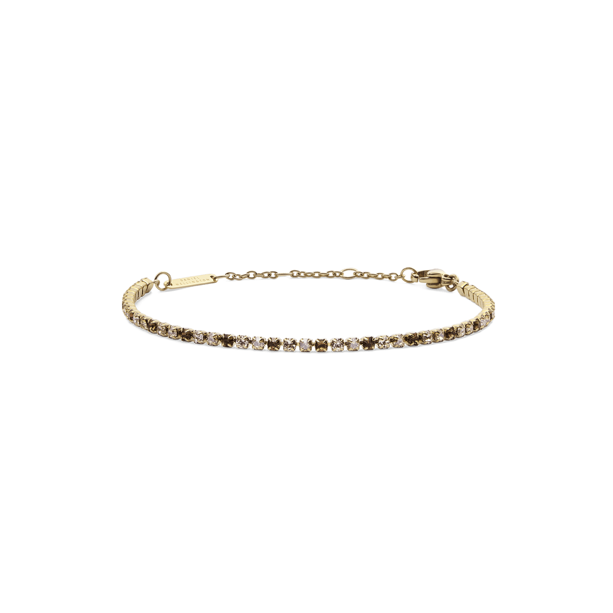 Gold tennis bracelet with a slim profile, featuring a row of honey-toned and clear Preciosa crystals set in 316L stainless steel with a PVD gold plated finish and an adjustable chain.