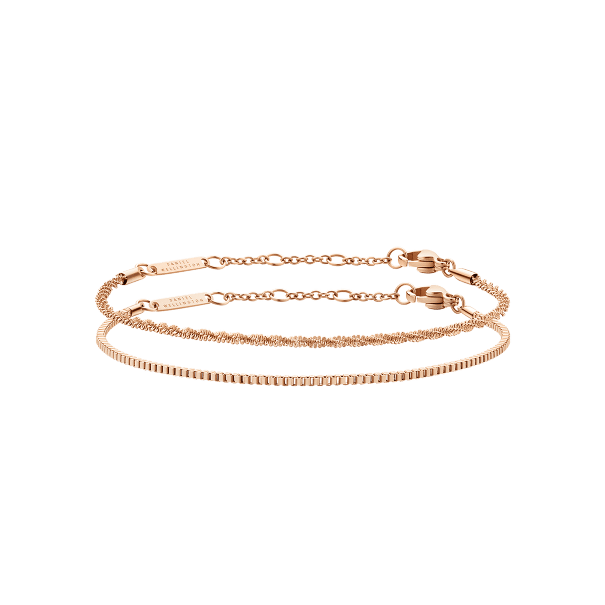 Two rose gold bracelets, one with a textured chain and the other with a smooth, minimalist design, displayed side by side as a coordinated set.