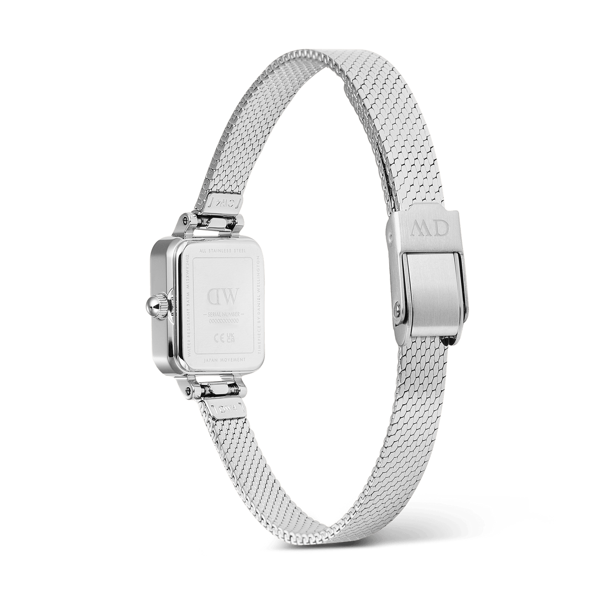 Quadro Mini Reflection Silver watch showing stainless steel case back and adjustable polished mesh strap with clasp buckle.