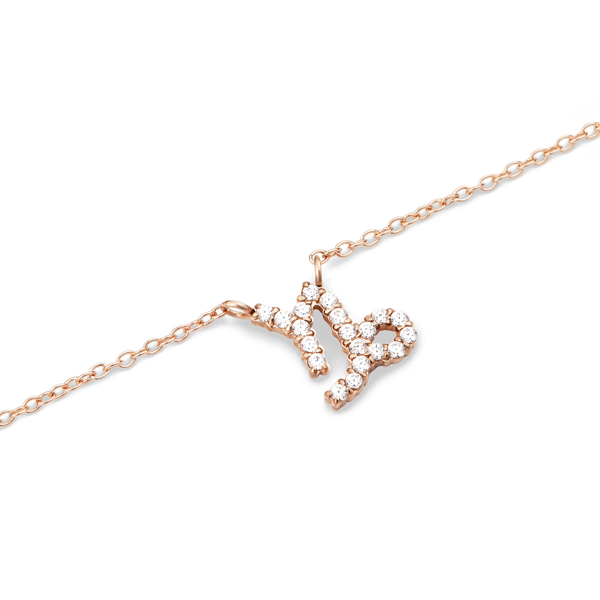 Rose gold chain necklace featuring a Capricorn zodiac pendant set with sparkling hand-set crystals.