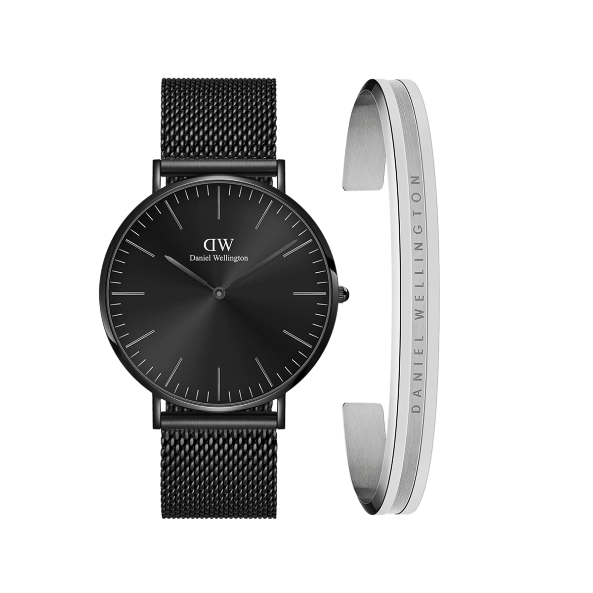 Sleek black mesh strap watch with a minimalist black dial, paired with a polished silver Elan bracelet featuring the Daniel Wellington logo engraving. This refined set blends contemporary style with timeless elegance.