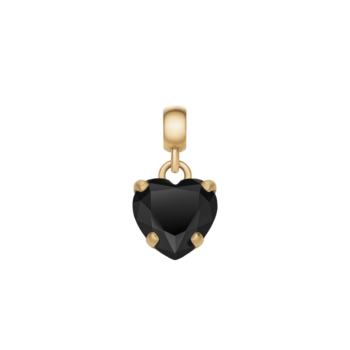Gold-plated charm featuring a faceted, heart-shaped black cubic zirconia set in a claw setting, designed to slide onto bracelets or necklaces for a sophisticated, modern accent.