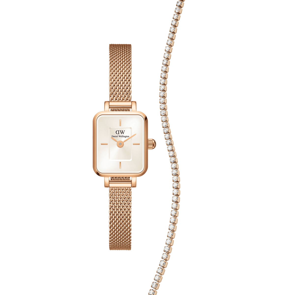 Rectangular rose gold Daniel Wellington Quadro Mini watch with a champagne dial and mesh strap, paired with a matching rose gold tennis necklace featuring sparkling stones.