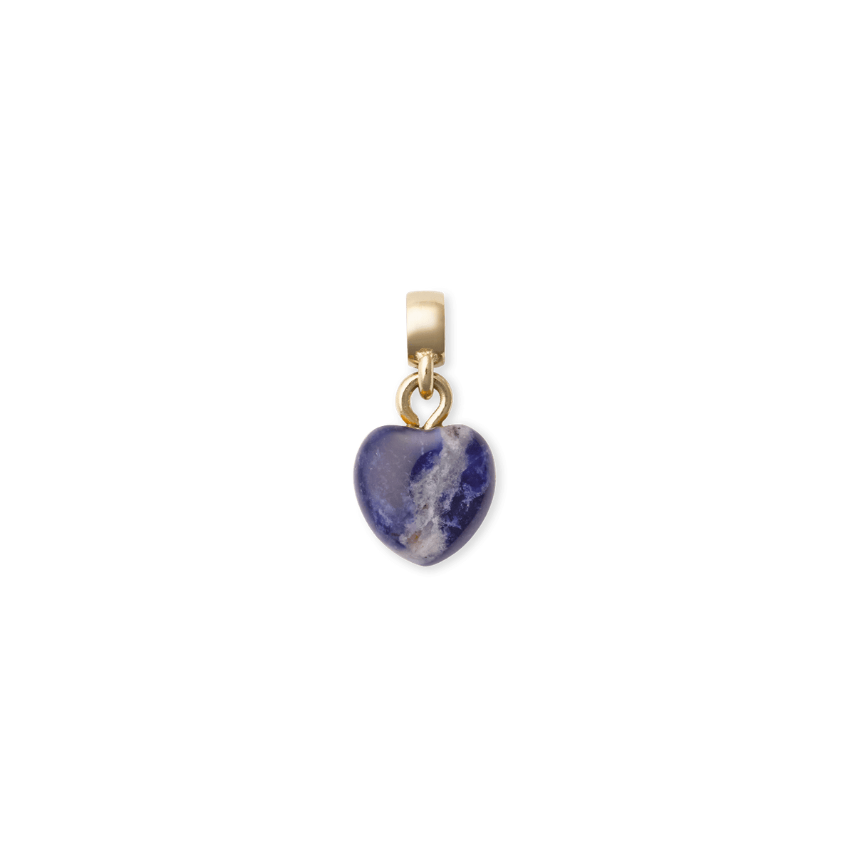 Heart-shaped blue spot stone charm with natural veining, set in gold PVD-plated stainless steel, designed for attaching to bracelets or necklaces.