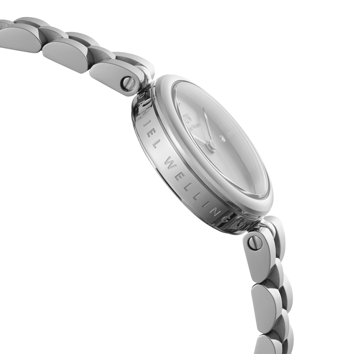 Side view of Elan Lumine Unitone Silver women’s watch with engraved case and polished stainless steel bracelet.