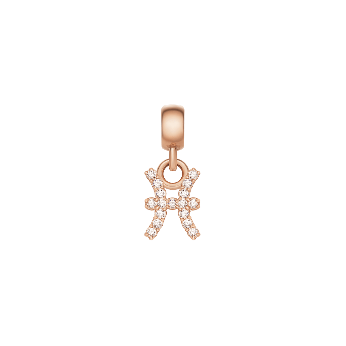 Pisces zodiac charm in rose gold stainless steel, detailed with sparkling cubic zirconia crystals in a refined, petite style.