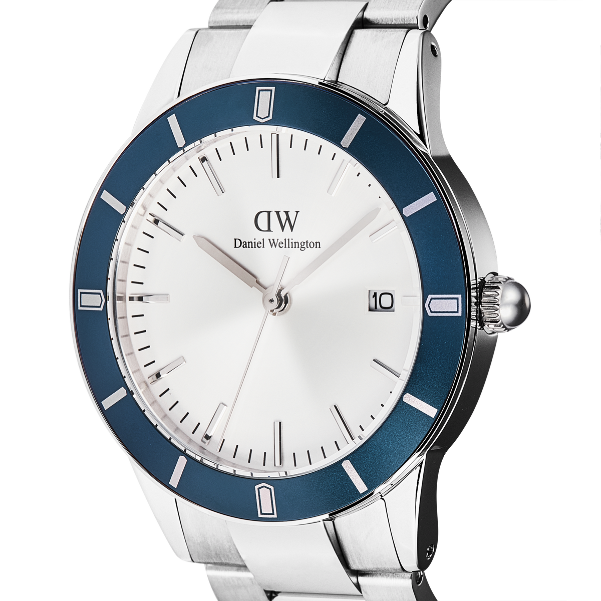 Close-up of the Daniel Wellington Iconic Paradigma Link Blue Bezel watch, highlighting the satin matte blue aluminium bezel, crisp white dial with date window, and polished stainless steel bracelet.