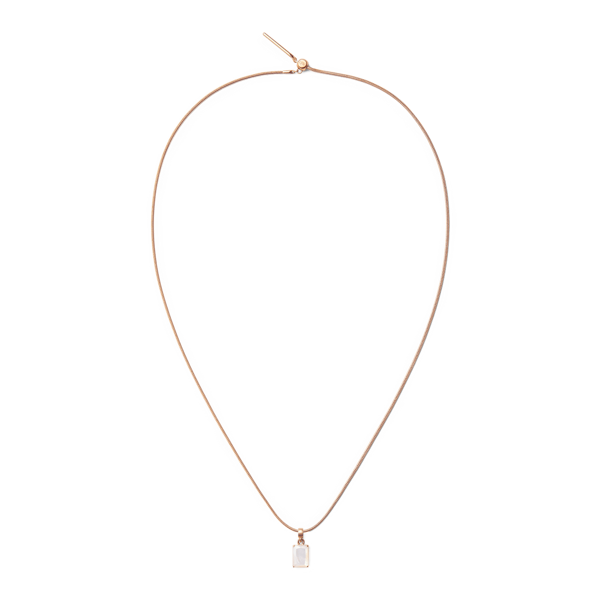 Mother of Pearl Octagon Rose Gold Charm hanging from a fine rose gold necklace, showcasing a geometric mother of pearl pendant with a minimalist, elegant design.