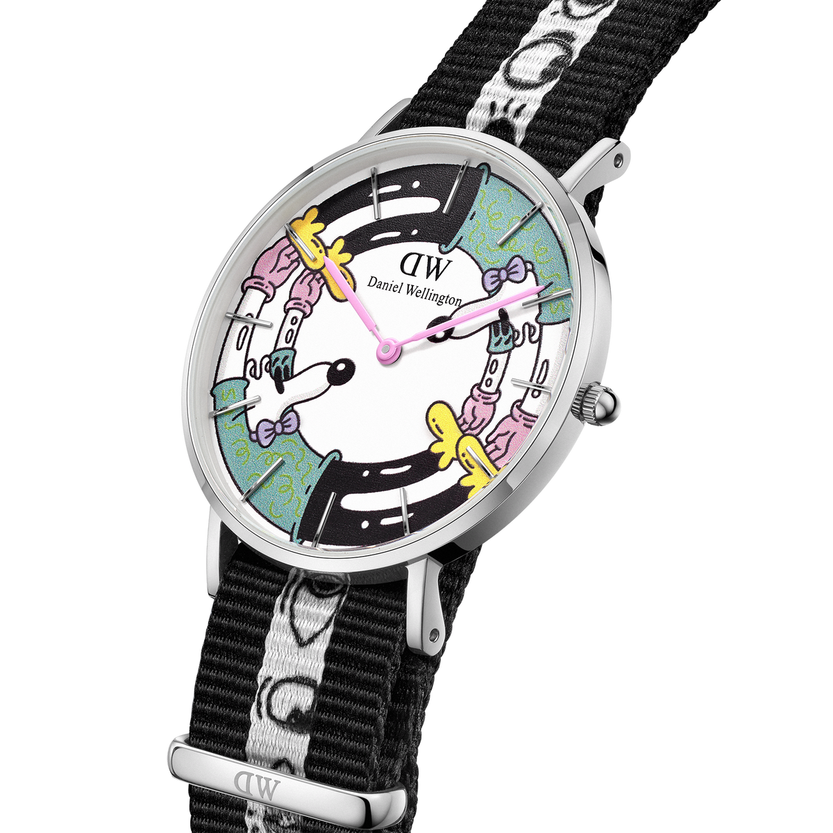 Steven Harrington x DW: NATO Multicolor Printed Dial watch featuring a stainless steel case, a colourful, artistic dial with playful graphics, and a black and white NATO strap decorated with signature Steven Harrington motifs.