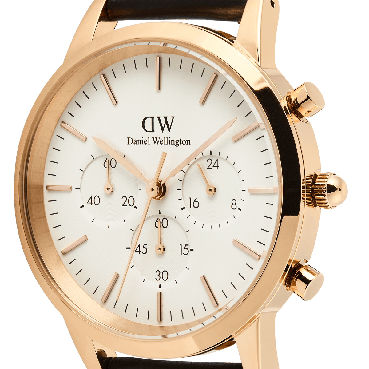 Close-up of the Daniel Wellington Iconic Chronograph Sheffield RG, highlighting the white minimalist dial, rose gold case, and three sub-dials with refined detailing.