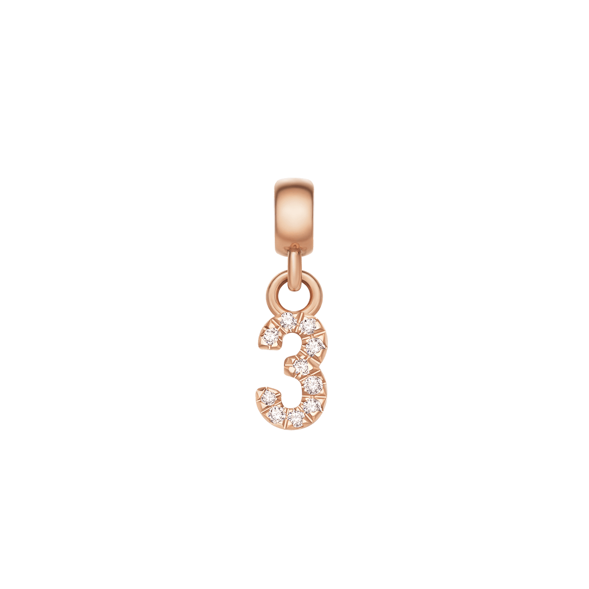 Rose gold number 3 charm featuring cubic zirconia stones in a claw setting, perfect for customising necklaces or bracelets.