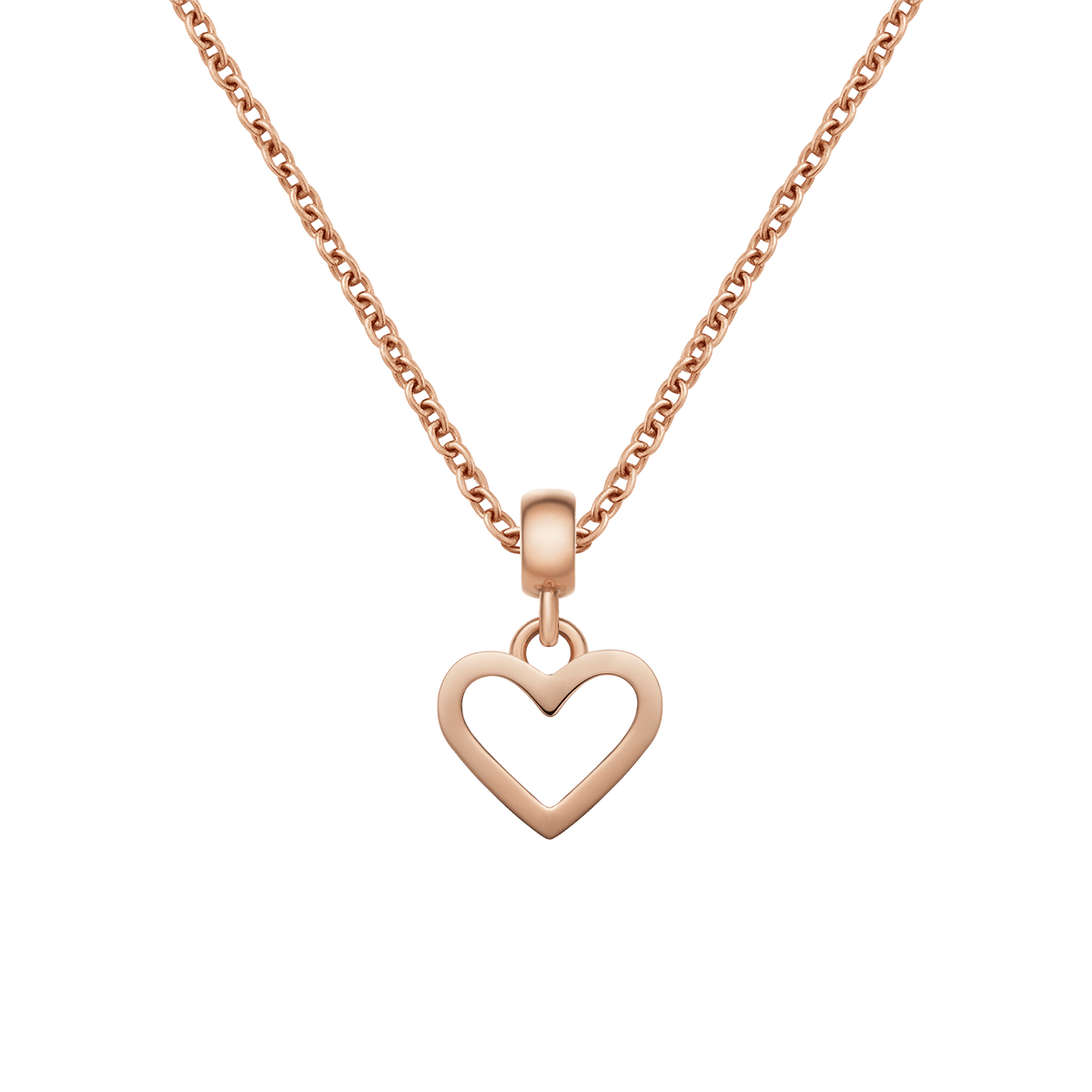 Rose gold Heart Contour Charm with an open heart design, shown hanging from a matching rose gold chain for a minimalist and elegant jewellery look.