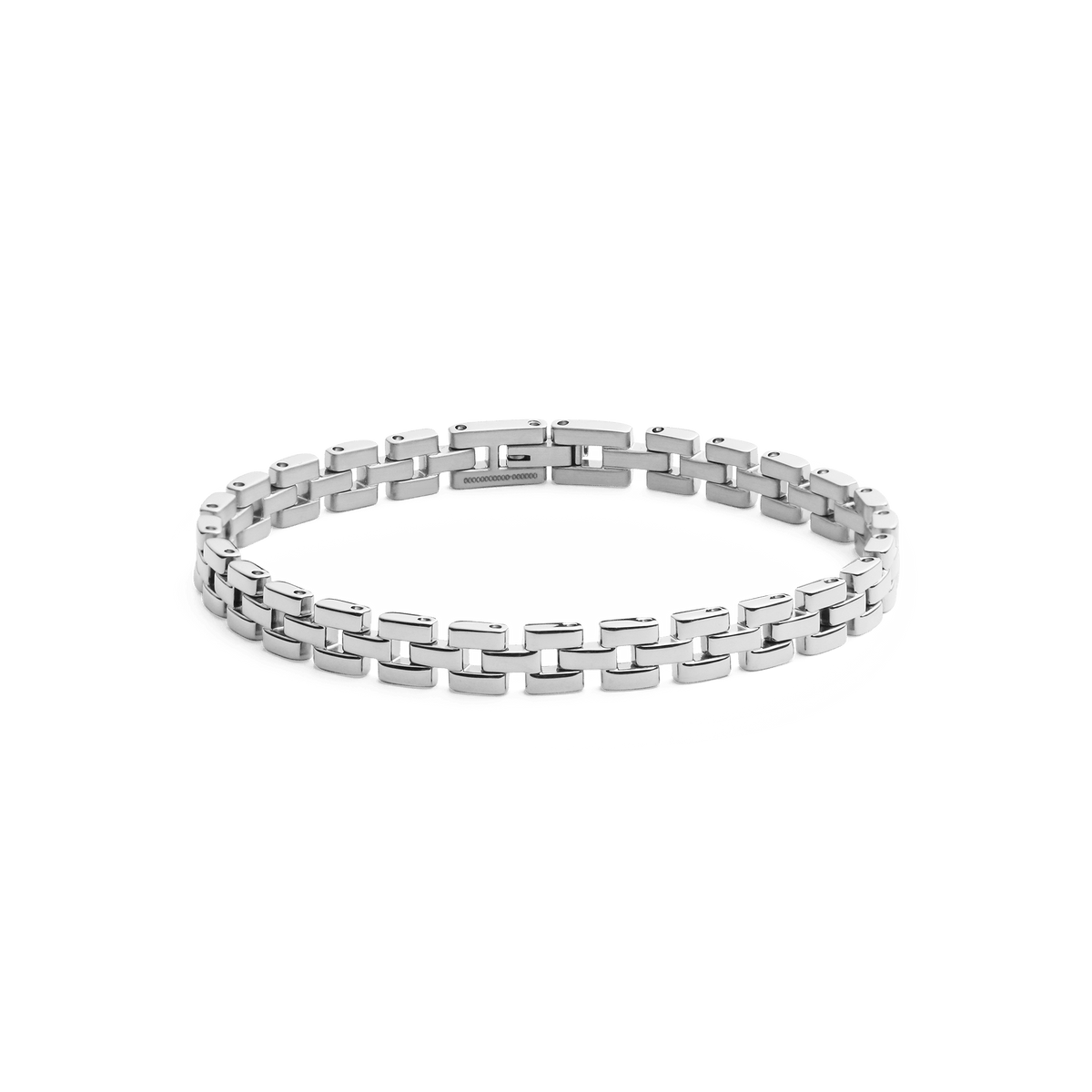 Polished silver 3-link bracelet crafted from stainless steel, featuring a bold, minimalist design with a secure fold-over clasp.