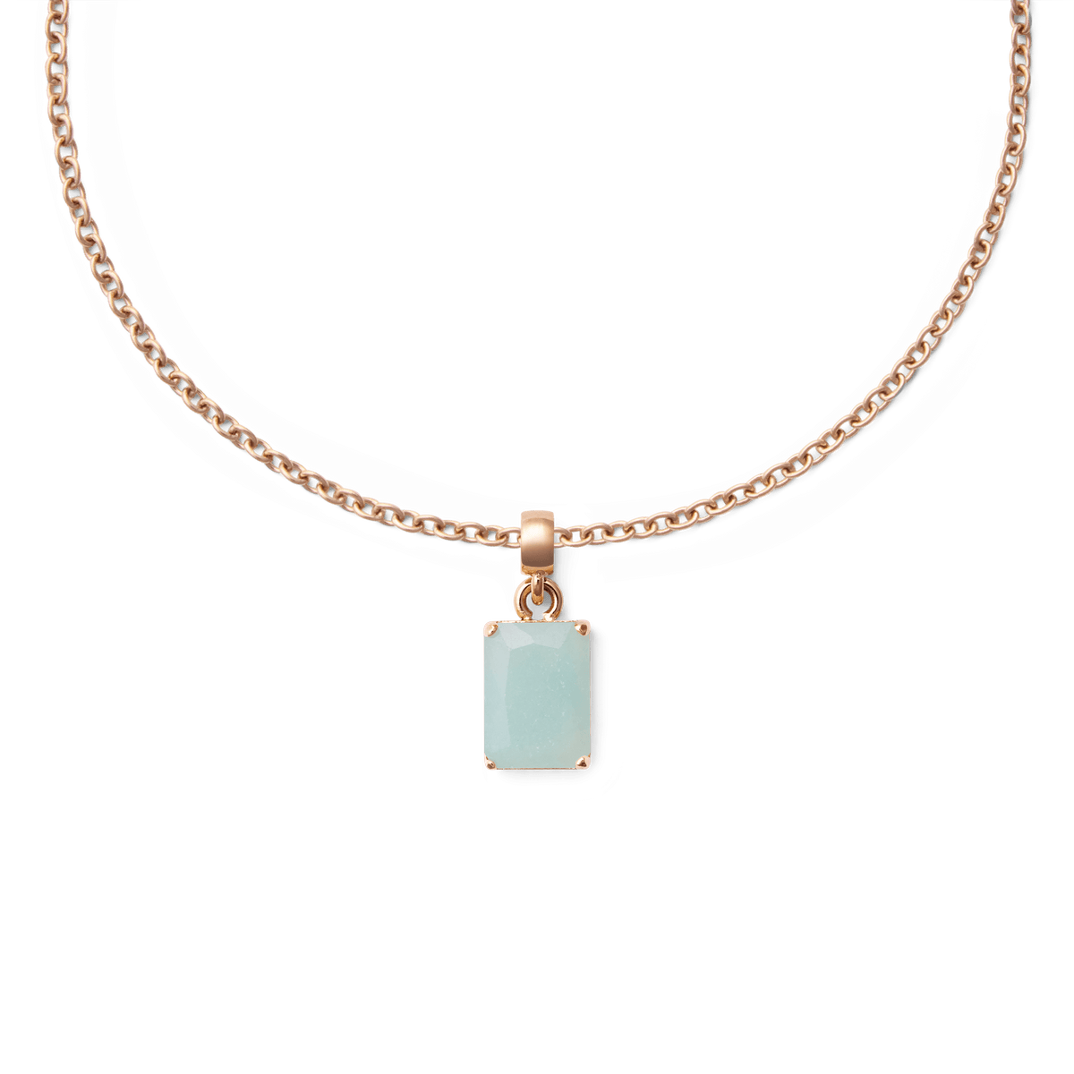 Amazonite Octagon Rose Gold Charm displayed on a delicate rose gold chain, featuring a faceted green-blue semi-precious stone in an elegant octagonal setting.