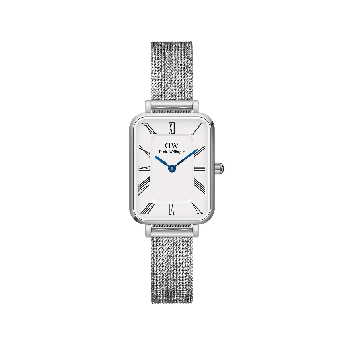Rectangular silver women’s watch with white Roman numeral dial, blue hands, and a fine mesh stainless steel strap.