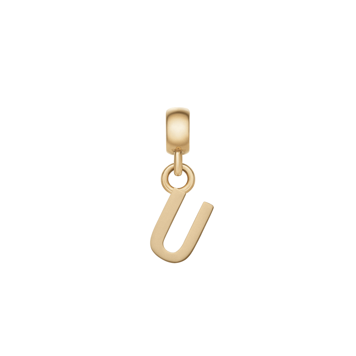 Gold letter “U” charm with a polished finish, crafted from stainless steel and PVD gold plating, featuring an adjustable clasp and minimalist design ideal for personalising bracelets or necklaces.