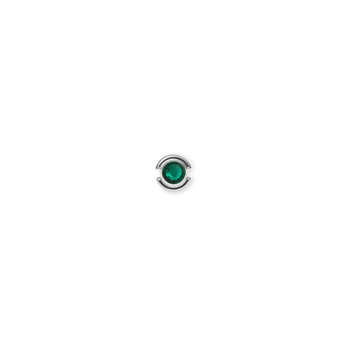 Sterling silver May charm featuring a vivid emerald green crystal set in a polished circular surround.