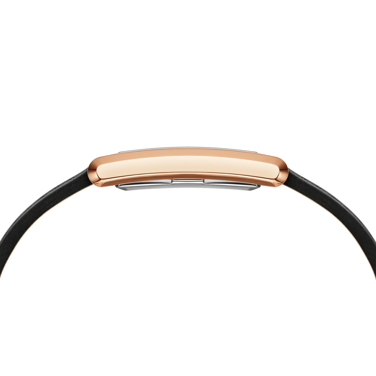 Side profile of the Bound Black Crocodile Rose Gold watch showing its slim curved rose gold case and black leather strap.