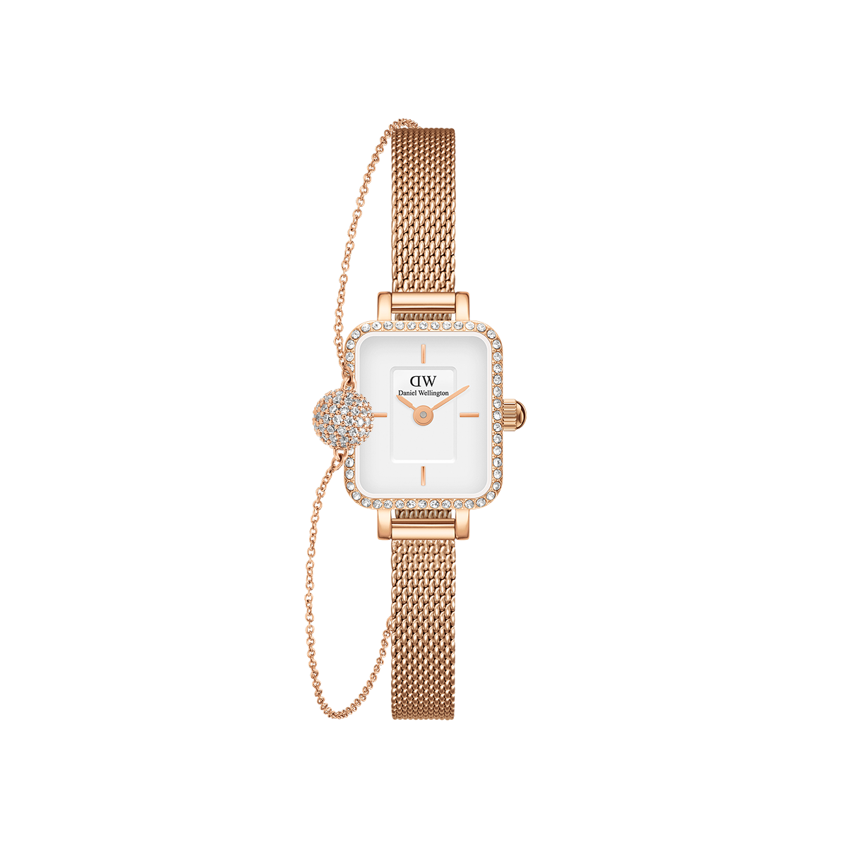 Rectangular rose gold watch with a white dial and crystal bezel, paired with a matching mesh strap and a delicate bracelet featuring a pave crystal pendant.