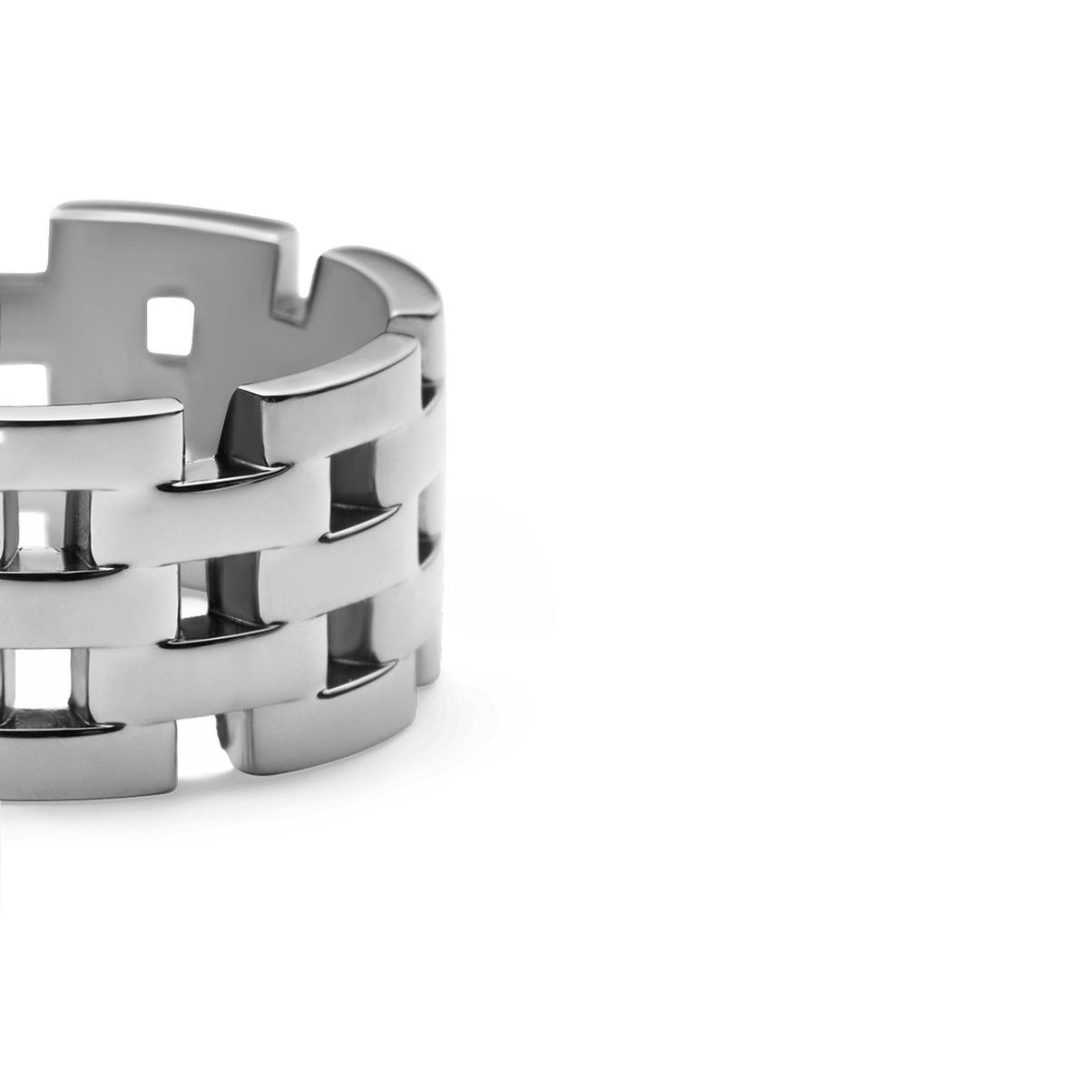 Close-up of the 5-Link Ring Silver, showcasing its polished stainless steel finish and bold, interlocking link design with sculptural gaps.