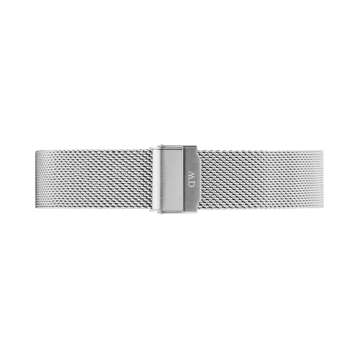 Polished silver mesh watch strap with a secure fold-over clasp, featuring a finely woven design for comfort and breathability. Ideal for updating your timepiece with a refined and timeless look.