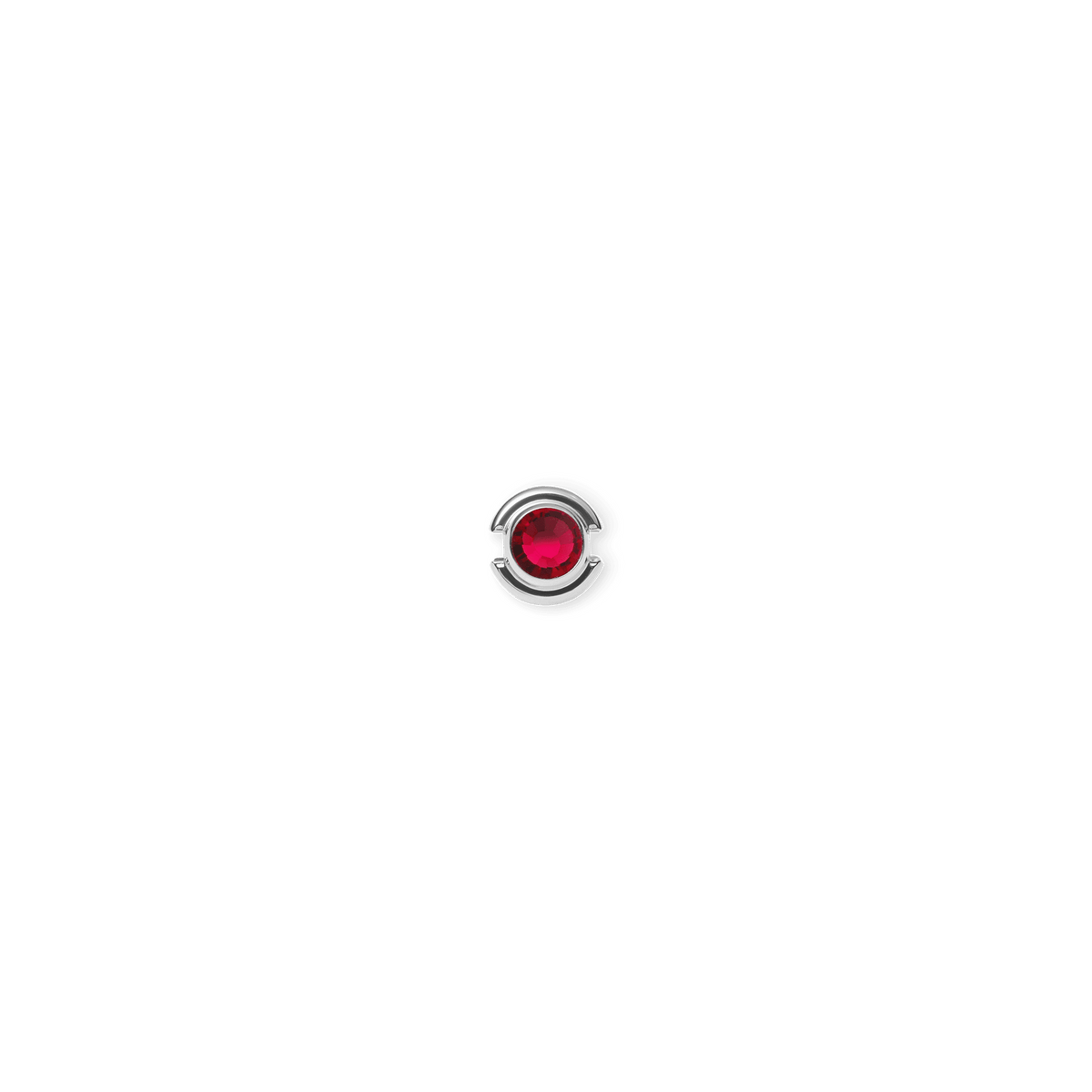 Sterling silver July Charm featuring a vivid 4mm red crystal in a polished, circular setting, designed to resemble a ruby birthstone for elegant bracelets or necklaces.