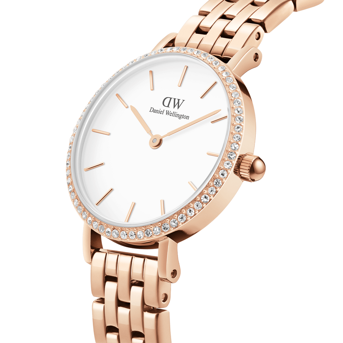 Close-up of the Petite Lumine Bezel 5-Link Melrose watch, featuring a rose gold stainless steel bracelet, a white minimalist dial, and a bezel set with sparkling crystals for an elegant, refined finish.