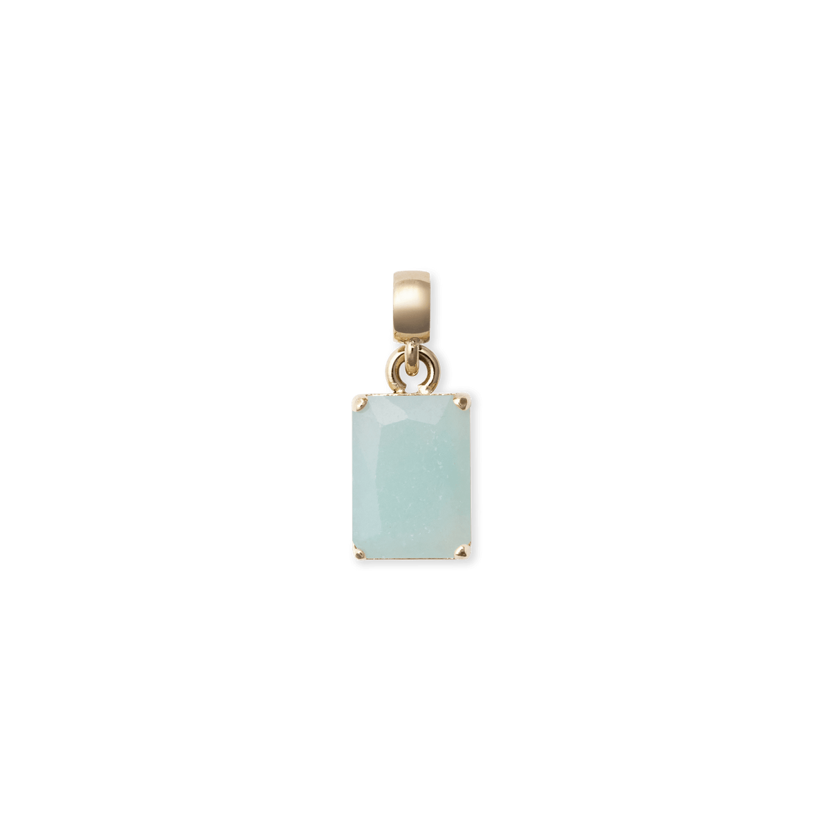 Rectangular octagon-cut amazonite charm in a polished gold-tone setting, featuring a delicate blue-green stone with subtle natural veining and a gold bail for easy attachment to necklaces or bracelets.