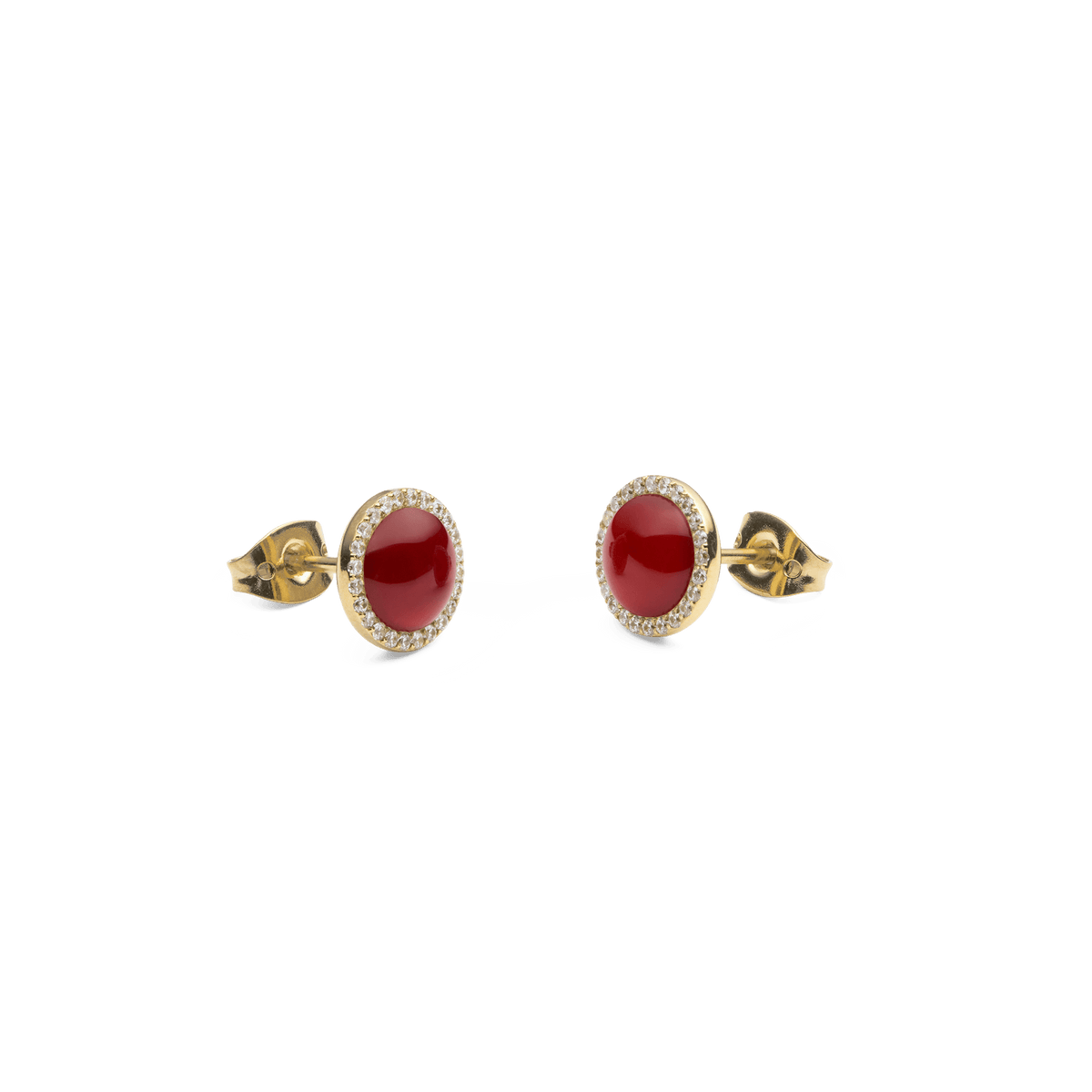 Pair of Audrey Earrings Red Agathe Gold, featuring domed red agate stones encircled by white cubic zirconia crystals and set in polished gold-plated stainless steel with secure stud fastenings.