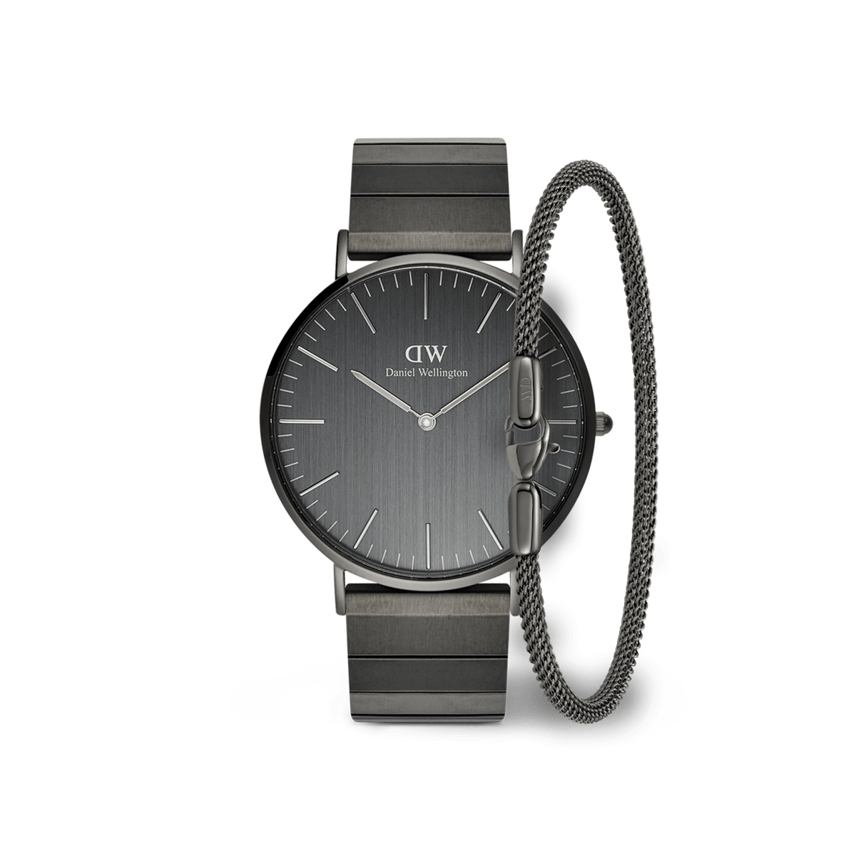 Graphite Daniel Wellington watch with a brushed dial and steel link strap, paired with a matching mesh bracelet, both featuring a sleek monochrome design.