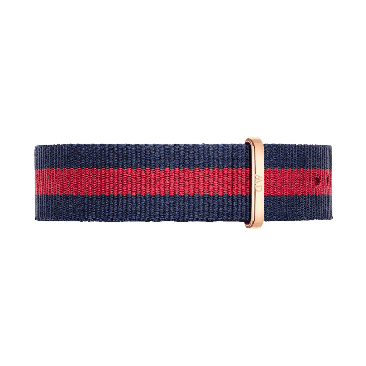 Navy and red striped Oxford Strap Rose Gold nato watch strap with a polished rose gold buckle, crafted from durable polyester for Daniel Wellington watches.