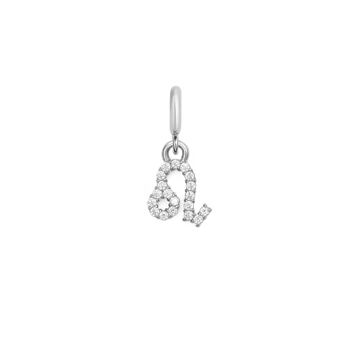 Leo zodiac watch charm in polished silver stainless steel, featuring the Leo symbol adorned with sparkling cubic zirconia crystals in a refined claw setting.