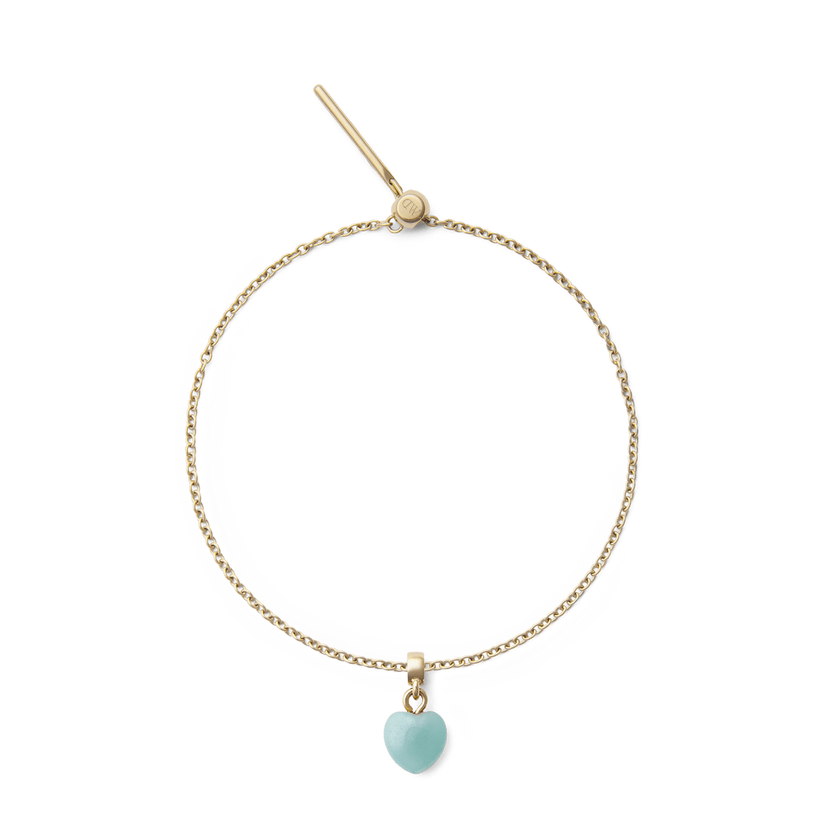 Gold chain bracelet featuring a dainty heart-shaped amazonite charm in soft blue-green, set in a gold-toned mount for a refined and elegant finish.