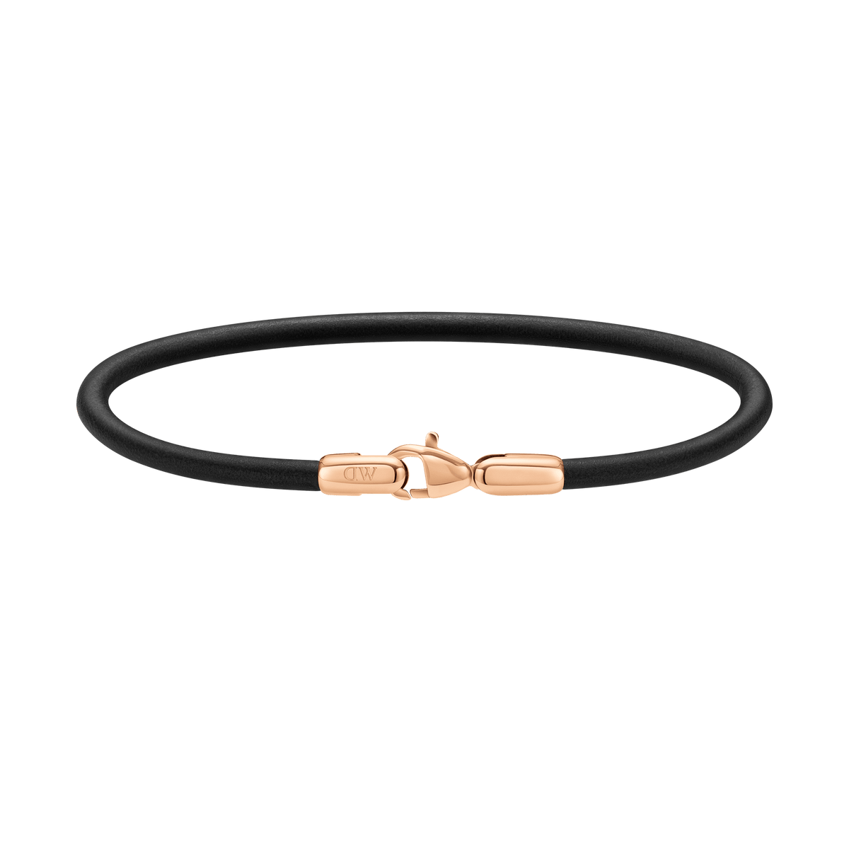 Slim black leather bracelet with a rose gold PVD-plated stainless steel lobster clasp, featuring minimalist design and Daniel Wellington branding.