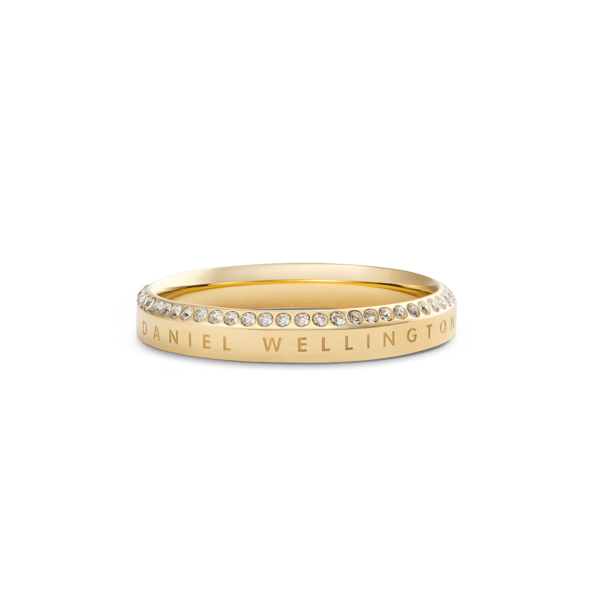 Classic Aura Ring Gold featuring a slim gold band with a row of white cubic zirconia crystals along the chamfered edge and Daniel Wellington engraving, offering a refined and elegant look.