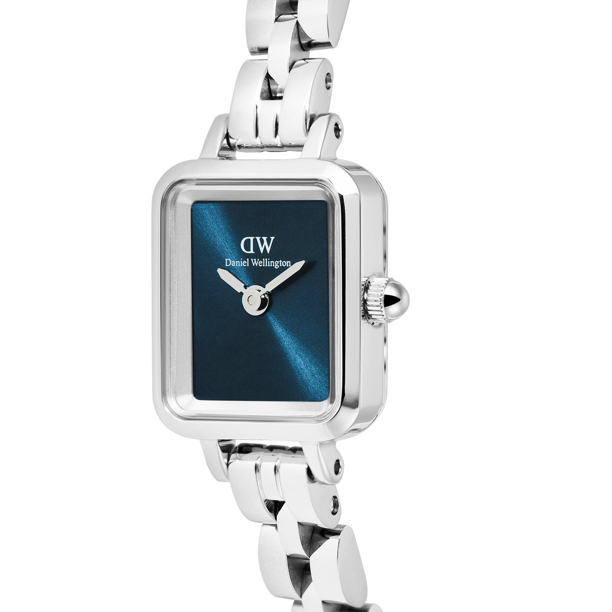 Close-up of the Quadro Mini Arch 3-link Arctic Sunray Silver women’s watch, highlighting its polished rectangular stainless steel case, deep blue sunray dial, and refined three-link bracelet.