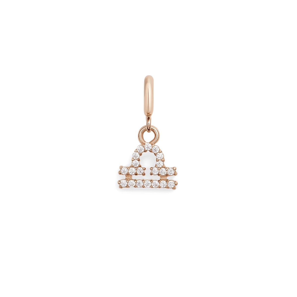 Libra zodiac watch charm in rose gold, featuring the Libra symbol adorned with sparkling cubic zirconia crystals on a polished stainless steel base for a refined, elegant finish.