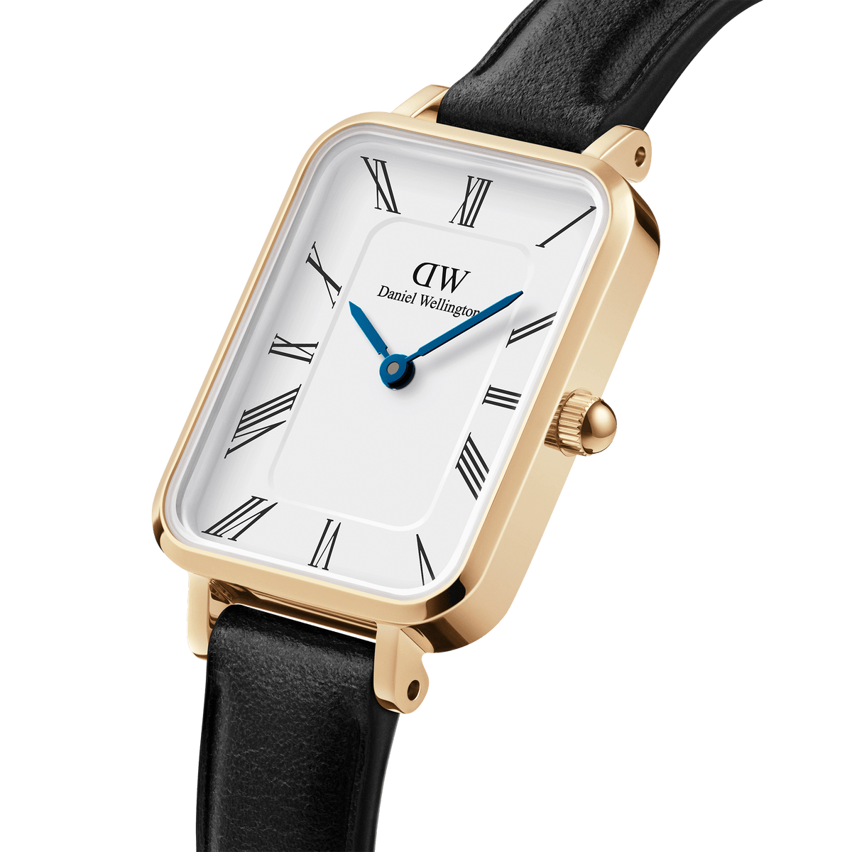 Close-up of the Quadro Roman Numerals Sheffield Gold women’s watch featuring a rectangular gold case, white dial with black Roman numerals, blue hands, and a black leather strap.