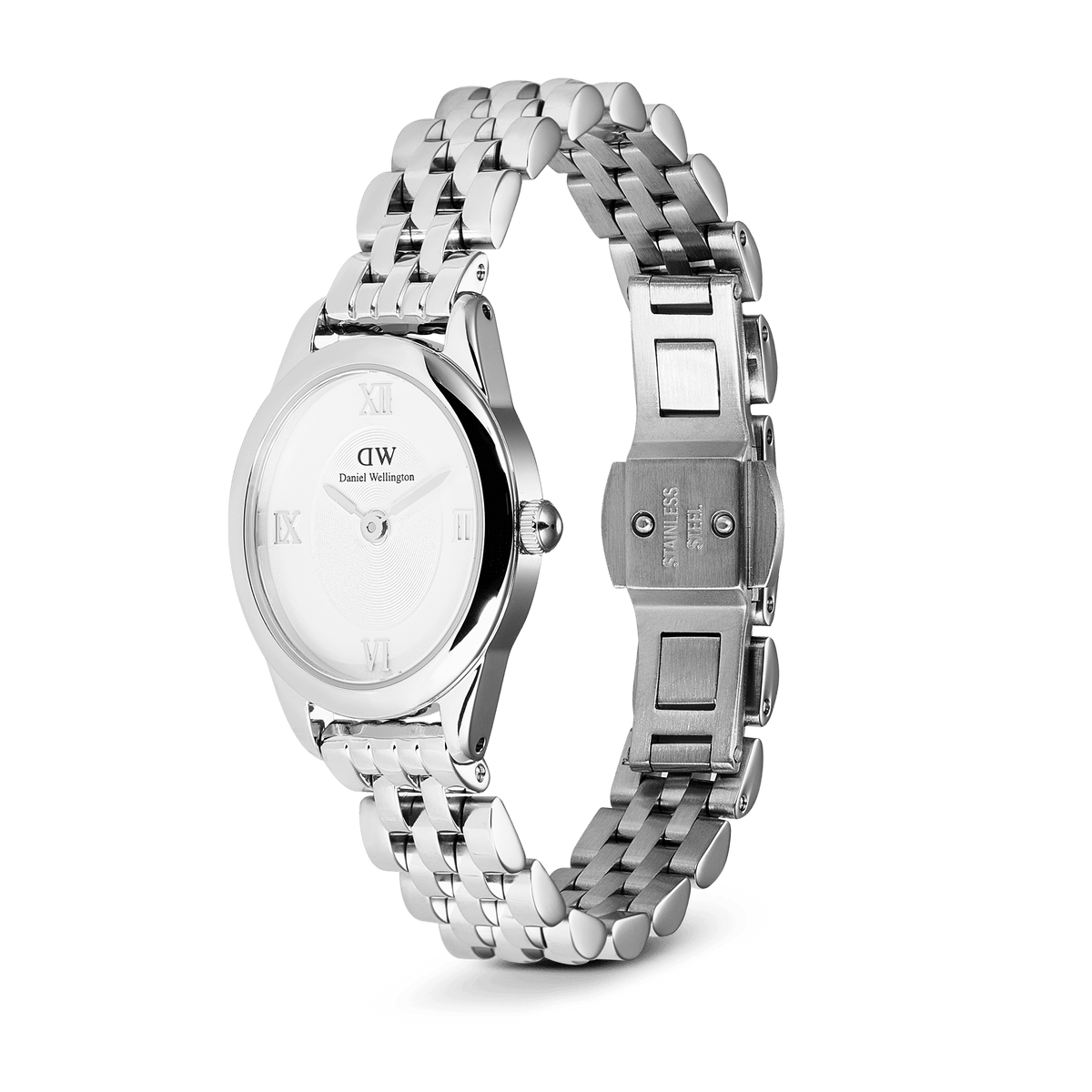 Ophelia Mini Silver women’s watch with oval stainless steel case, sunray white dial, and open 5-link bracelet with butterfly clasp.