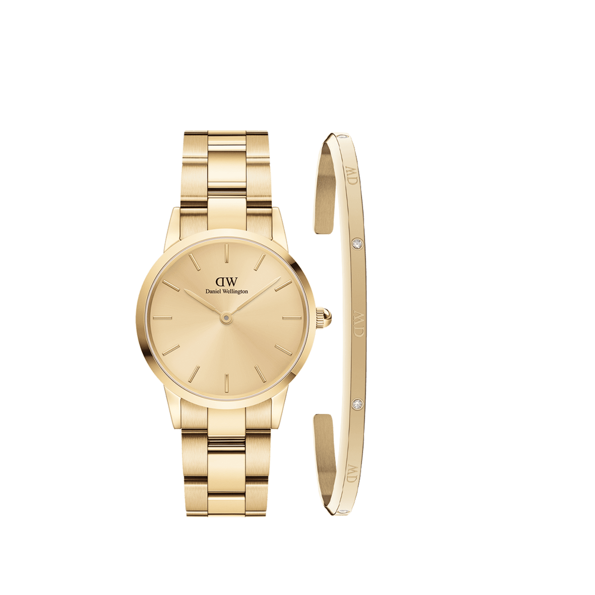 Gold Daniel Wellington watch with a minimalist dial and matching gold link strap, paired alongside a slender gold cuff bracelet featuring subtle crystal accents and engraved branding.