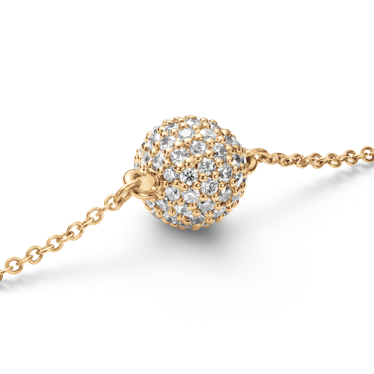 Close-up of the Pavé Crystal Pendant Bracelet Gold, highlighting the sparkling pavé-set crystal ball pendant with cubic zirconia stones on a fine gold-tone chain.