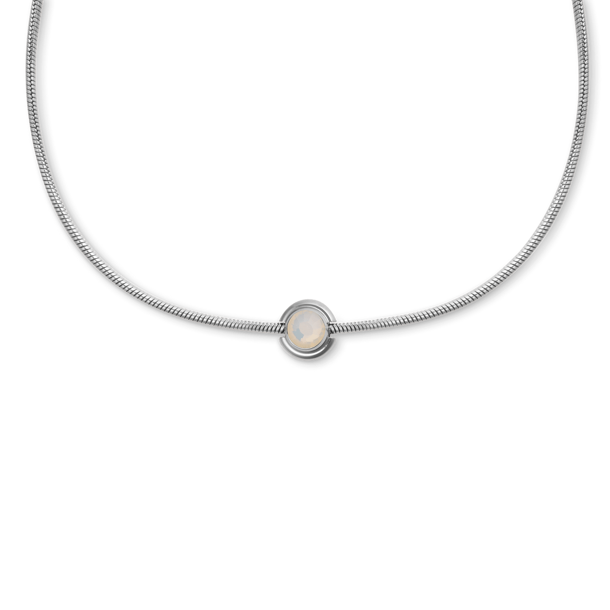 S925 sterling silver necklace featuring a delicate birthstone-inspired charm with a polished silver finish and a central round crystal.