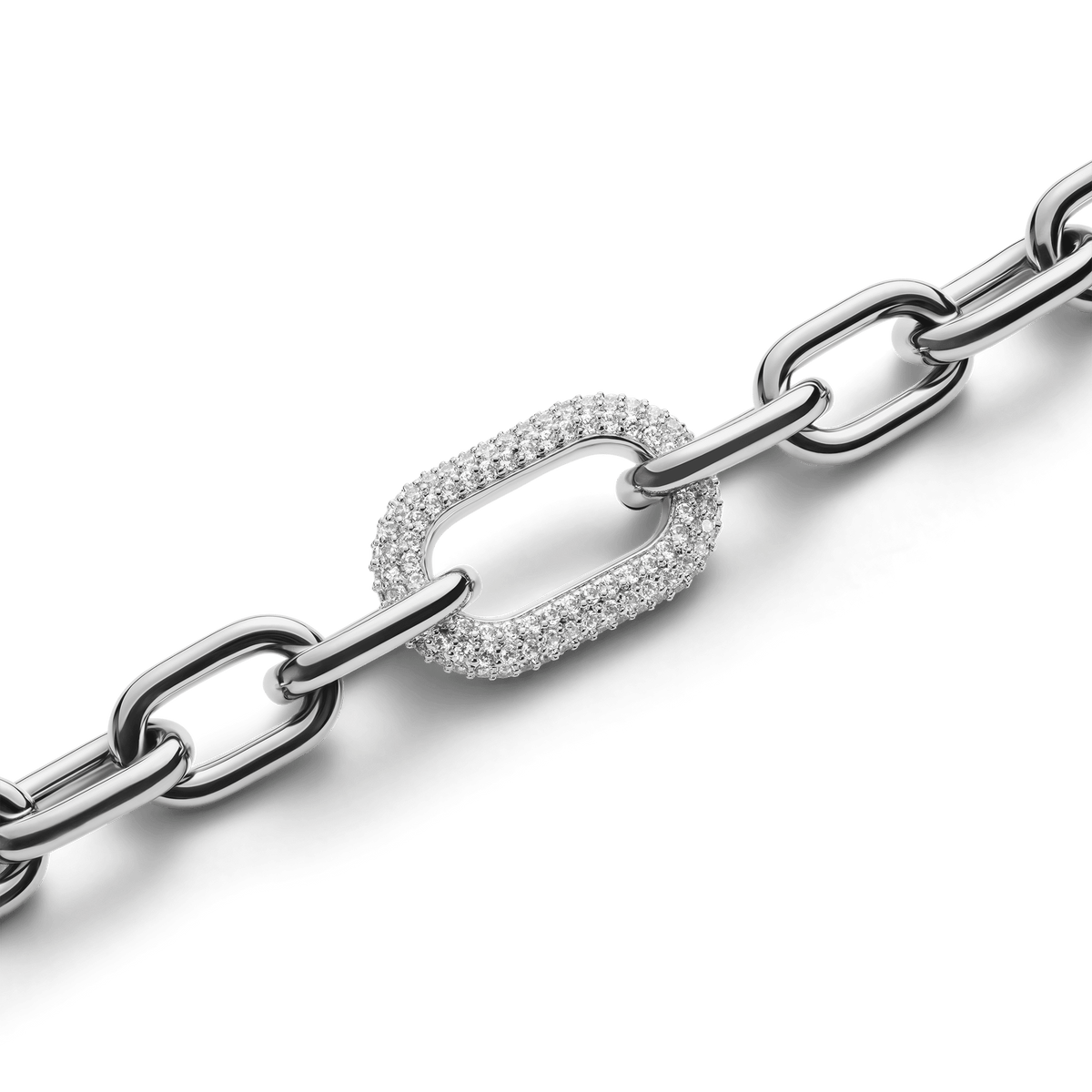 Close-up of the Crystal Link Bracelet Silver, highlighting the polished stainless steel chain and the distinctive link set with sparkling cubic zirconia stones.
