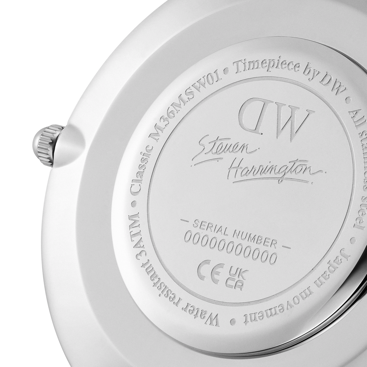 Close-up of the engraved case back on the Steven Harrington x DW Bristol BW dial watch, featuring the Daniel Wellington and Steven Harrington signatures, serial number, and water resistance details on polished stainless steel.