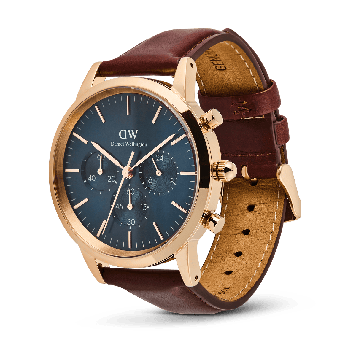 Daniel Wellington Iconic Chronograph St Mawes Arctic Rg men’s watch with a rose gold case, blue sunray dial, three sub-dials, and a brown Napa leather strap.