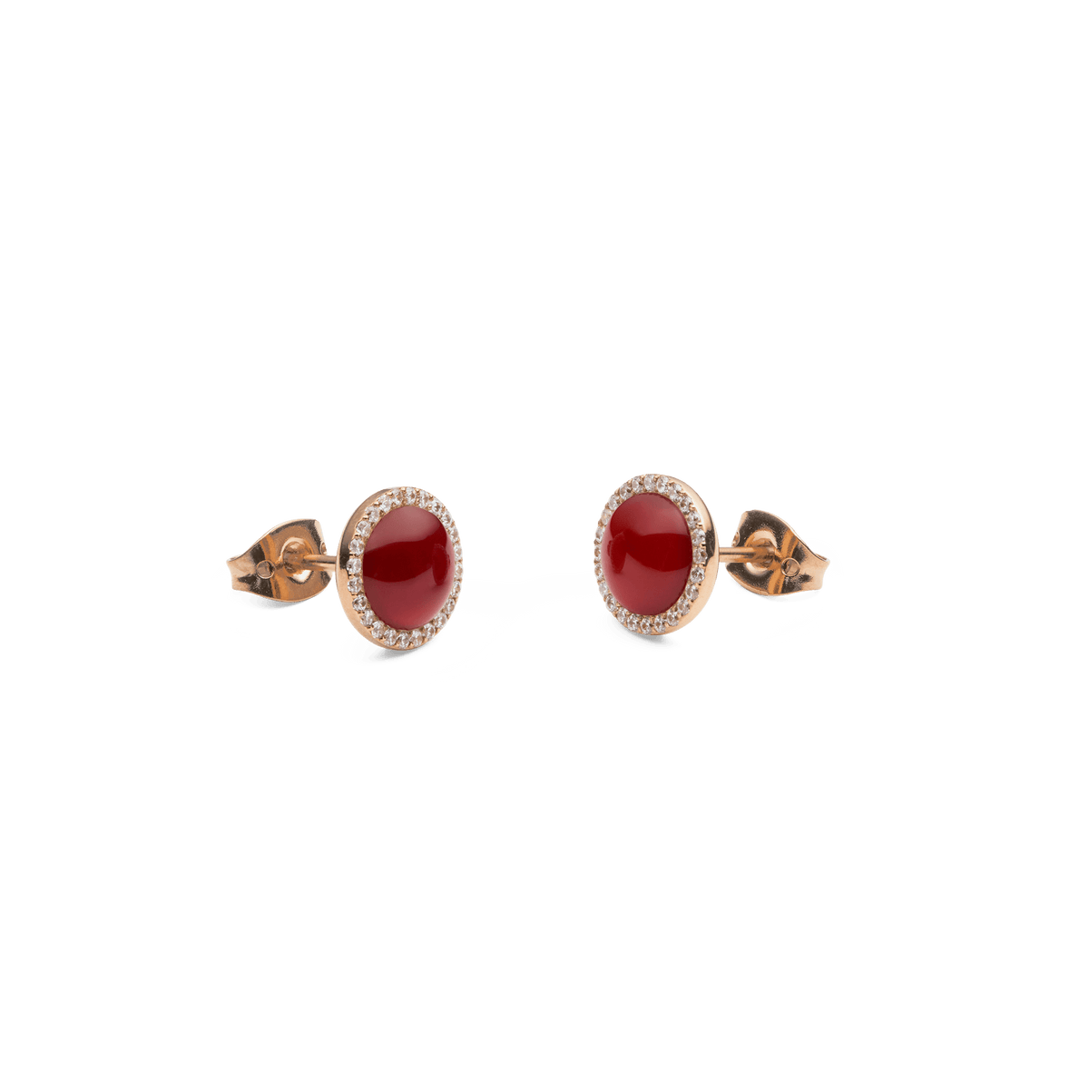 Audrey Earrings Red Agathe feature domed red agate stones with rose gold and cubic zirconia halo stud settings.