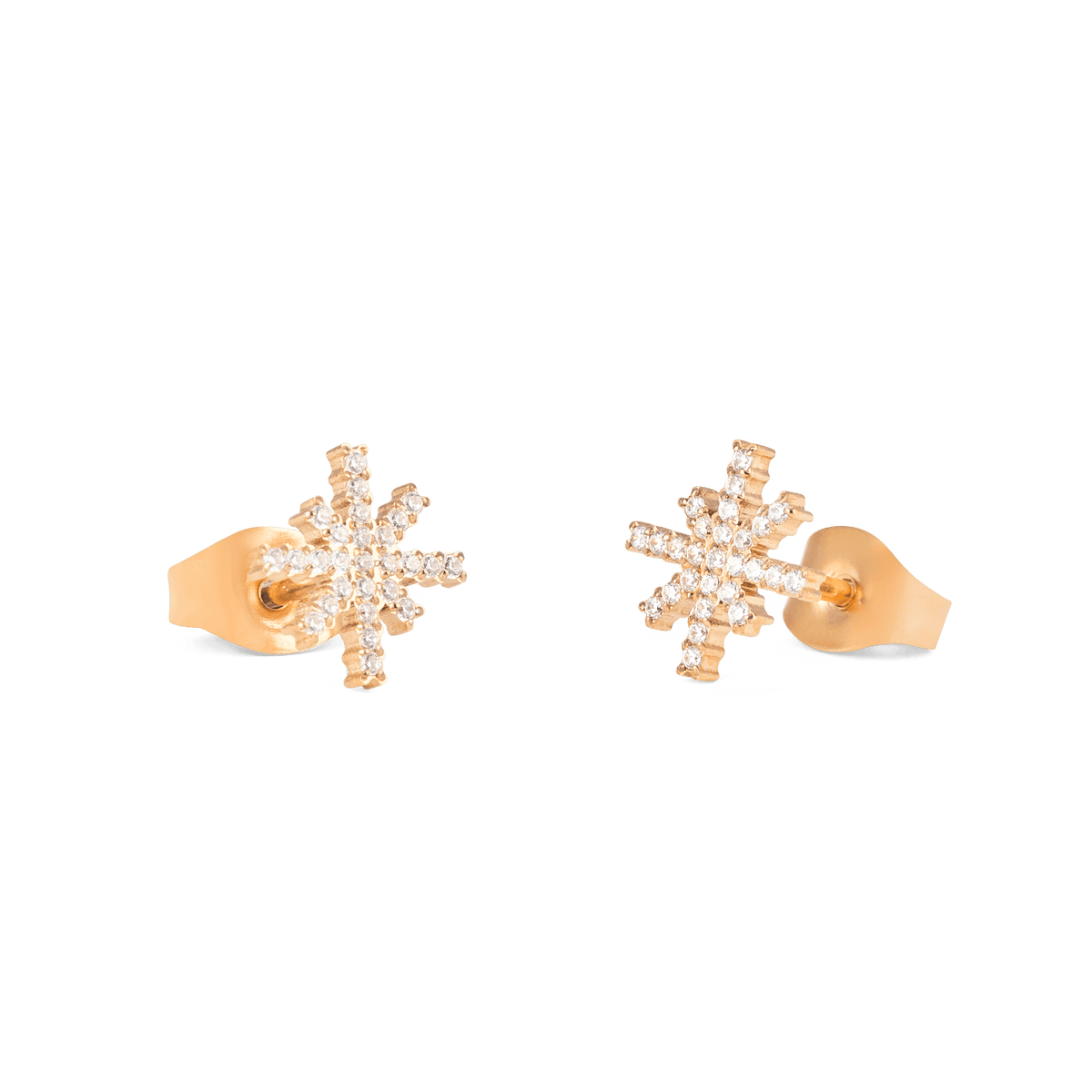 Mirelle Star Earring Rose Gold studs with a star-shaped design, crafted from rose gold-plated stainless steel and adorned with white cubic zirconia crystals, shown with secure butterfly backs.