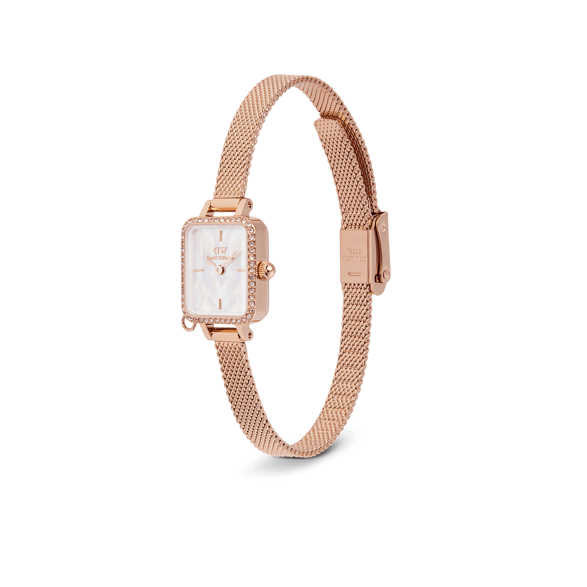Quadro Mini Crystal Zodiac Melrose Set featuring a rose gold mesh strap, rectangular crystal-set case, and a shimmering white mother of pearl dial, combining elegant design with a refined, modern finish.